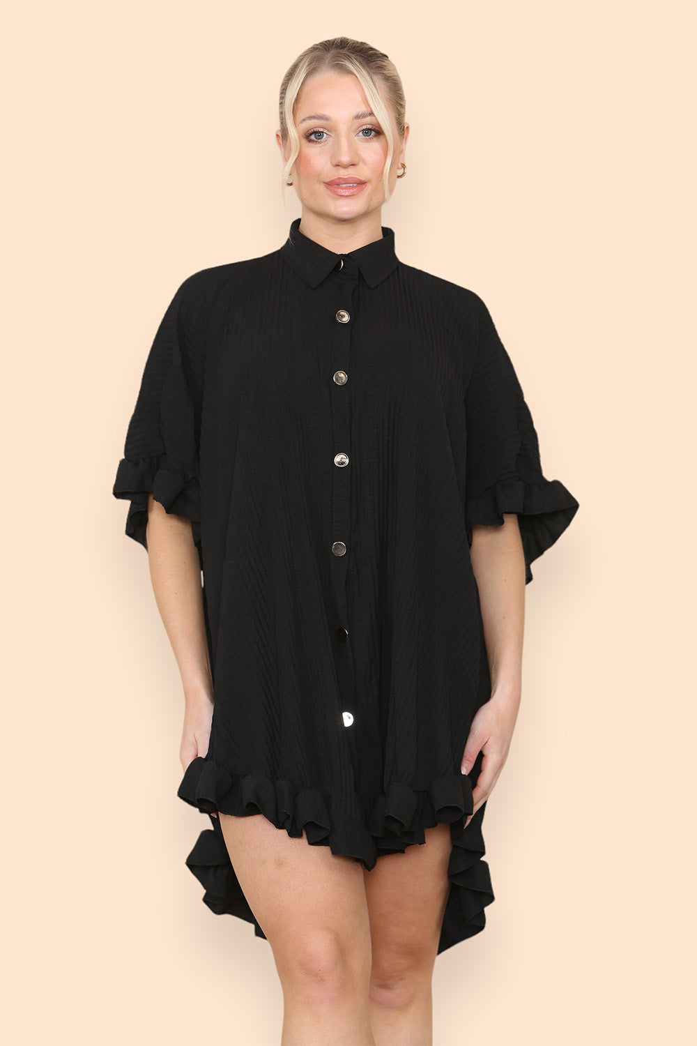 Over Sized Italian Gold Button Pleated Frill Ruffle TikTok Dress Top