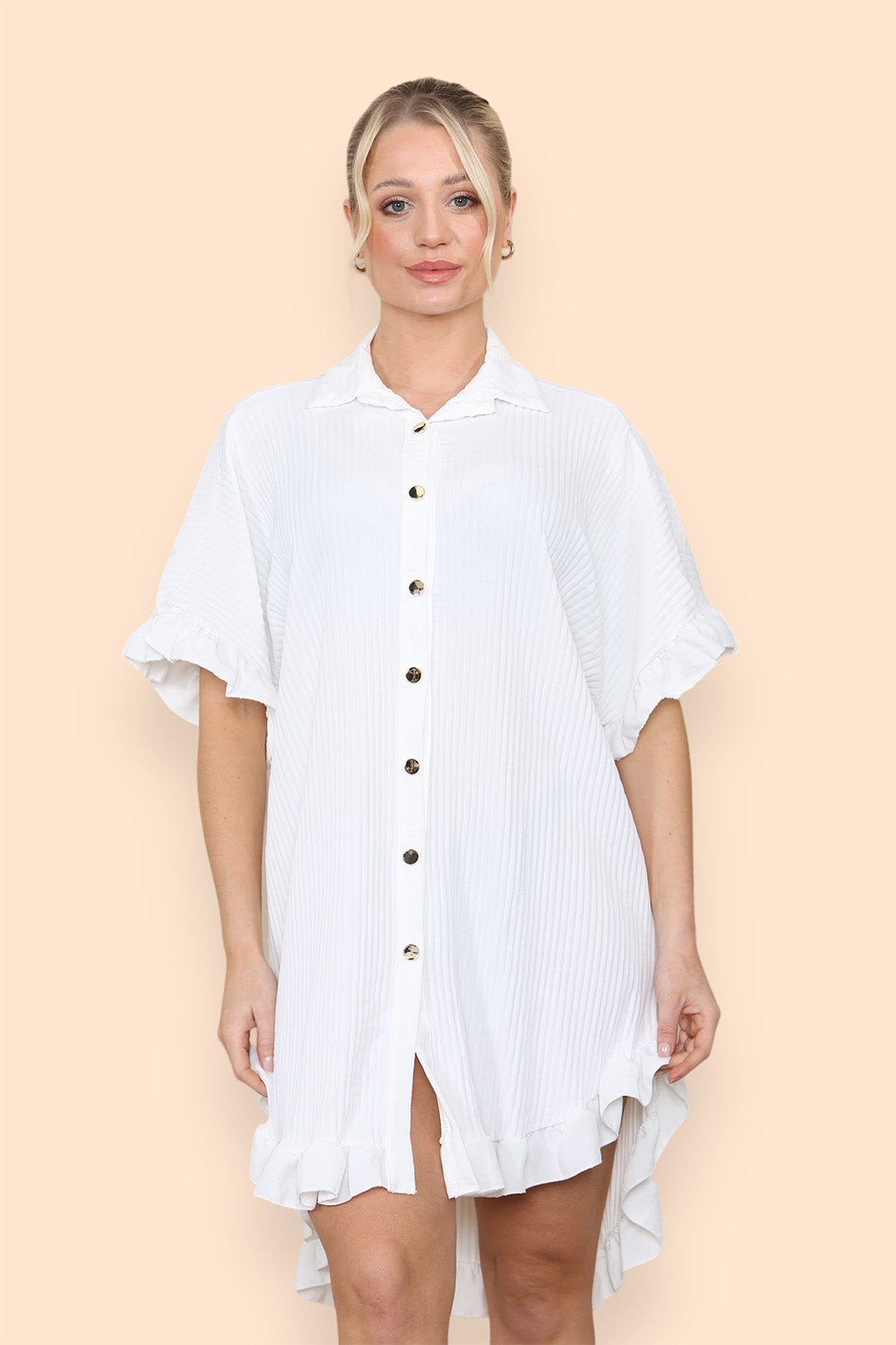 Over Sized Italian Gold Button Pleated Frill Ruffle TikTok Dress Top
