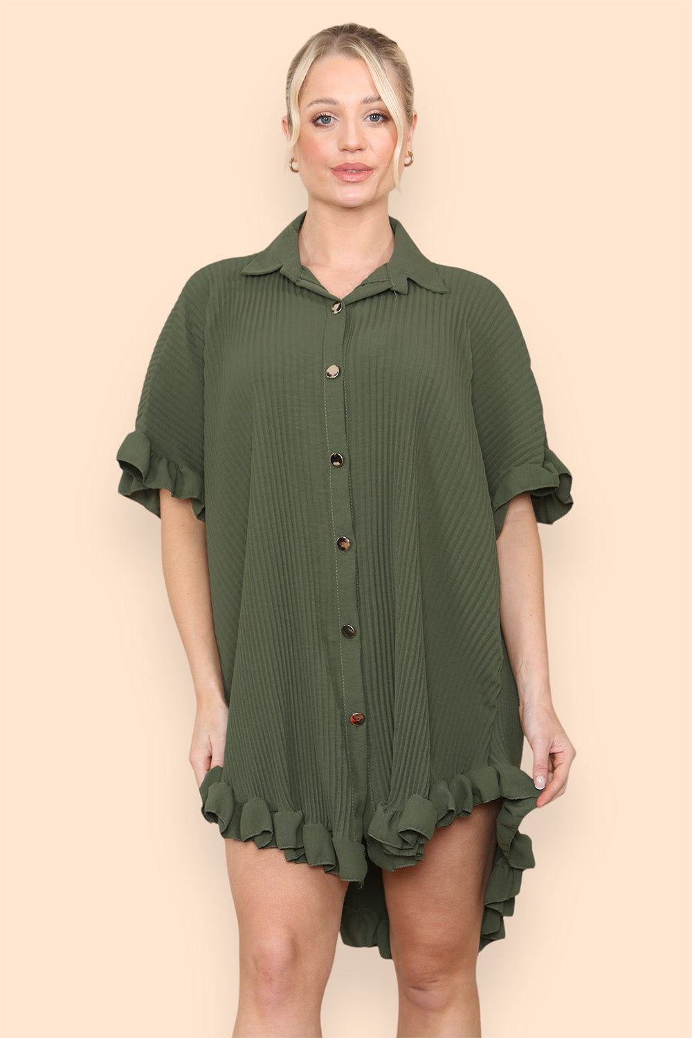 Over Sized Italian Gold Button Pleated Frill Ruffle TikTok Dress Top