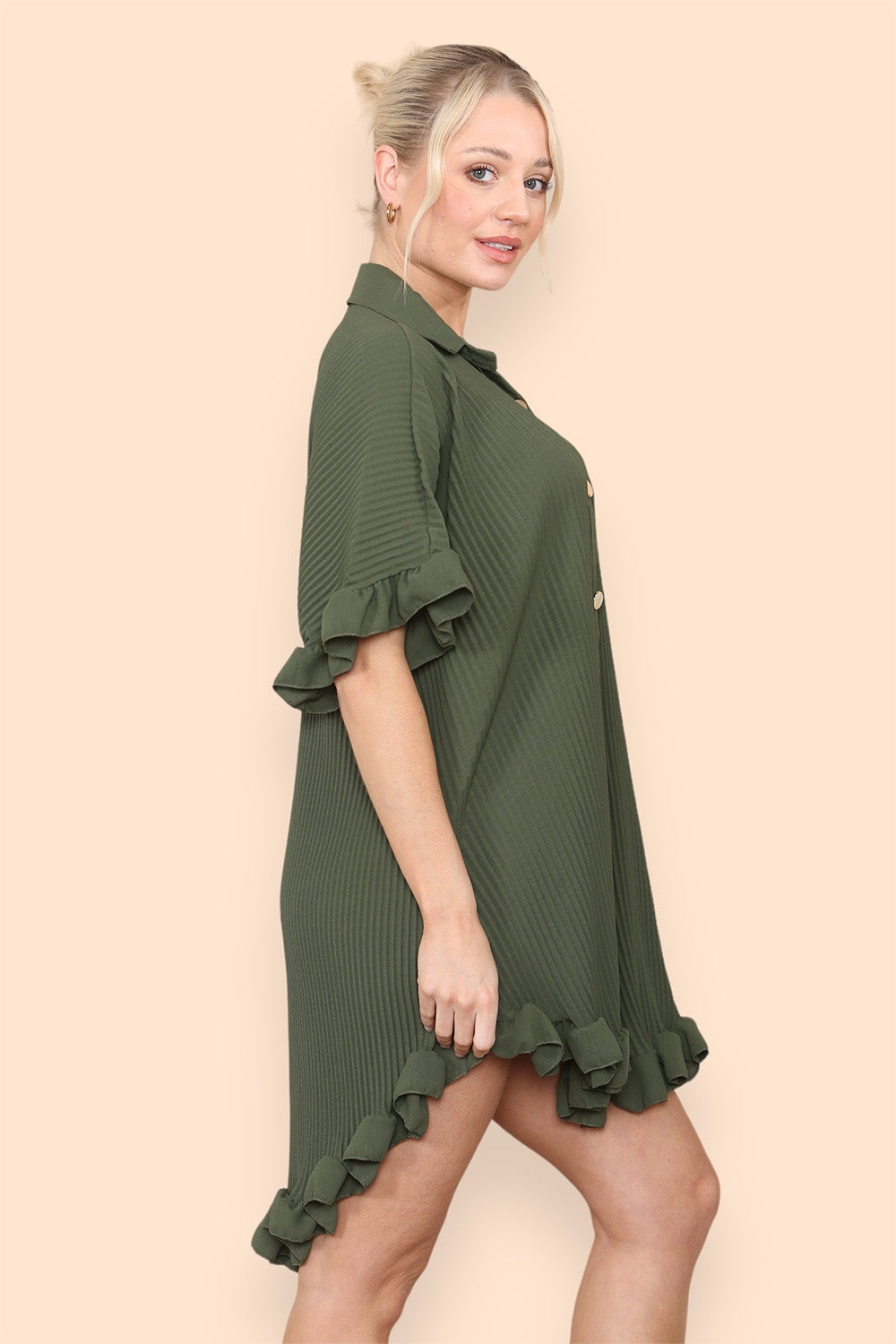 Over Sized Italian Gold Button Pleated Frill Ruffle TikTok Dress Top