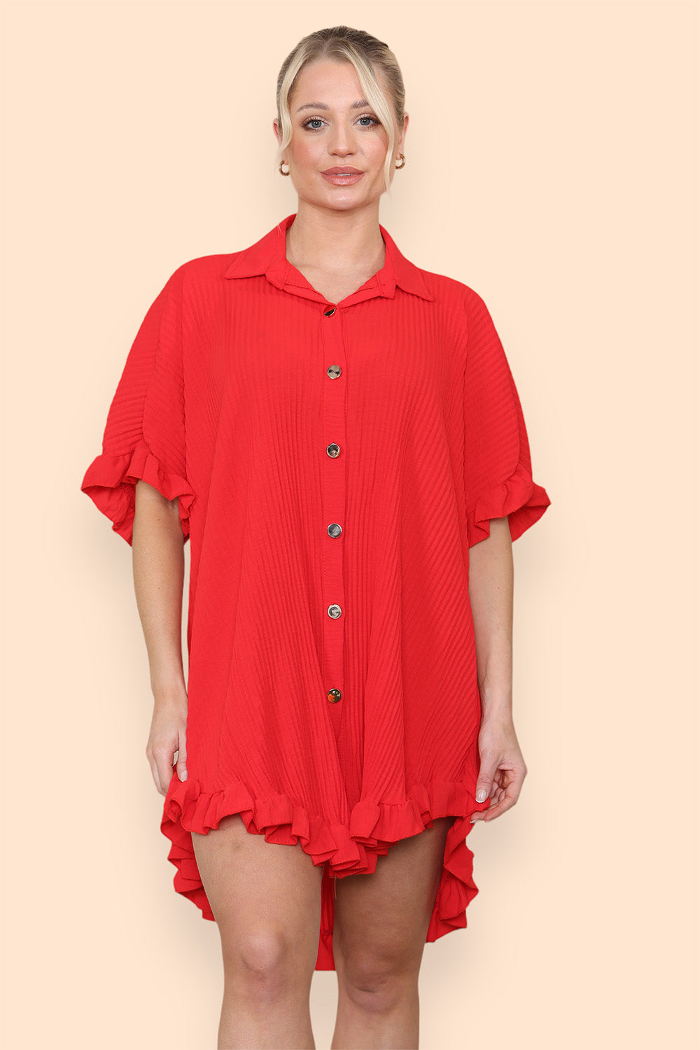 Over Sized Italian Gold Button Pleated Frill Ruffle TikTok Dress Top