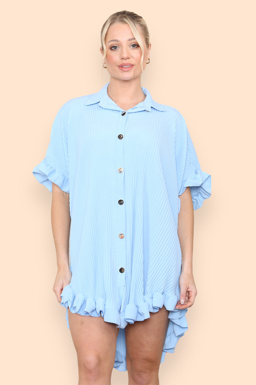 Over Sized Italian Gold Button Pleated Frill Ruffle TikTok Dress Top