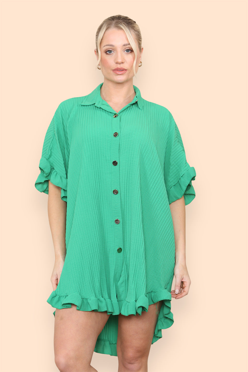 Over Sized Italian Gold Button Pleated Frill Ruffle TikTok Dress Top