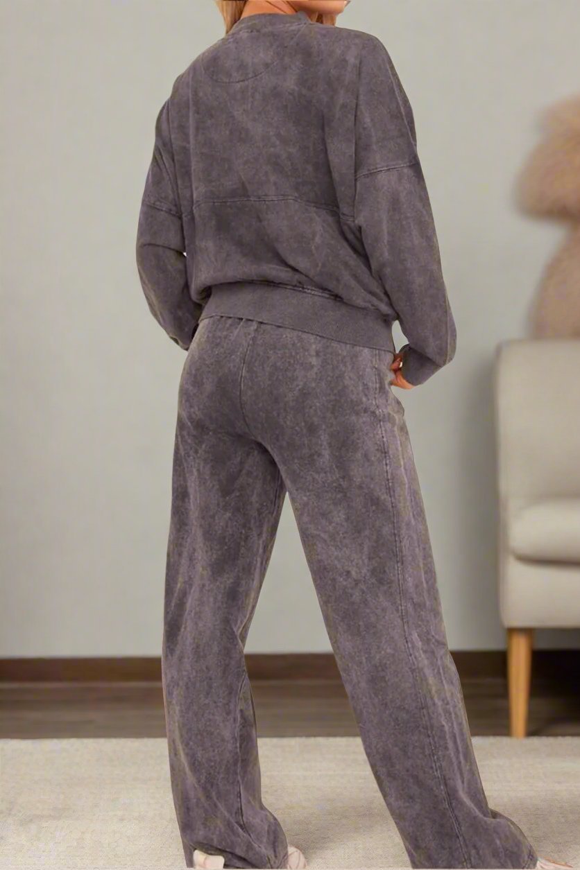 Acid Wash Effect Fleece Zip Front Bomber Sweatshirt & Joggers Loungewear Co - Ord Set - MultiTrends Limited