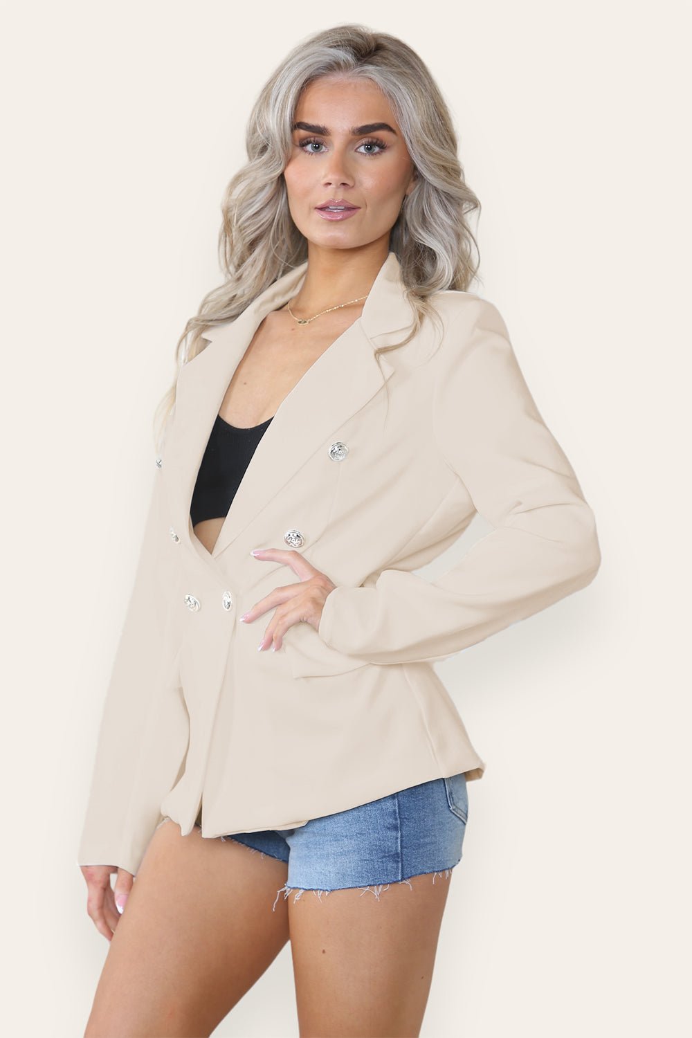 Fitted Linned Double Gold Button Collared Blazer Jacket - Multi Trends