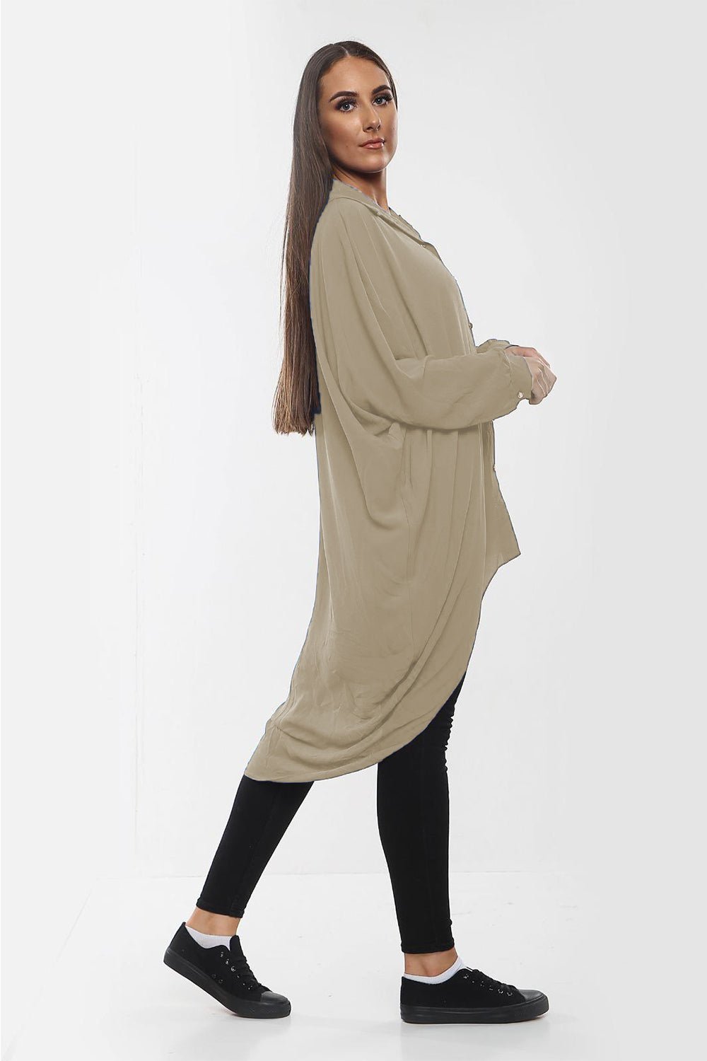 High-Low Oversized Button Long Top Shirt Dress with Hem and Long Sleeves - MultiTrends Limited