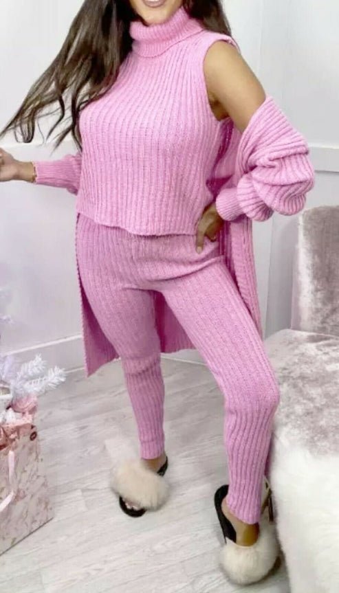 Ladies 3 Piece Suit Roll Neck Chunky Knitted Ribbed Tracksuit Lounge Set - MultiTrends Limited