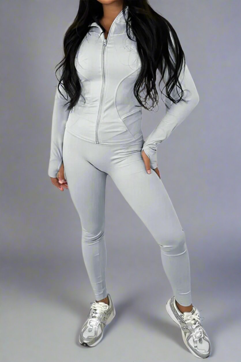 New Sports Zip Front Long Sleeves Top And Leggings Gym Set - MultiTrends Limited
