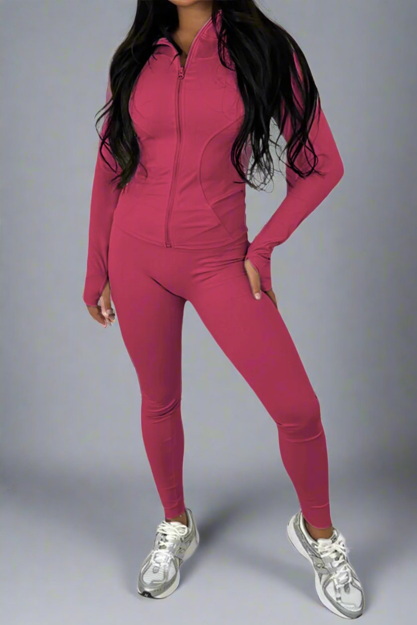 New Sports Zip Front Long Sleeves Top And Leggings Gym Set - MultiTrends Limited