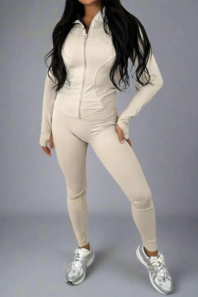 New Sports Zip Front Long Sleeves Top And Leggings Gym Set - MultiTrends Limited