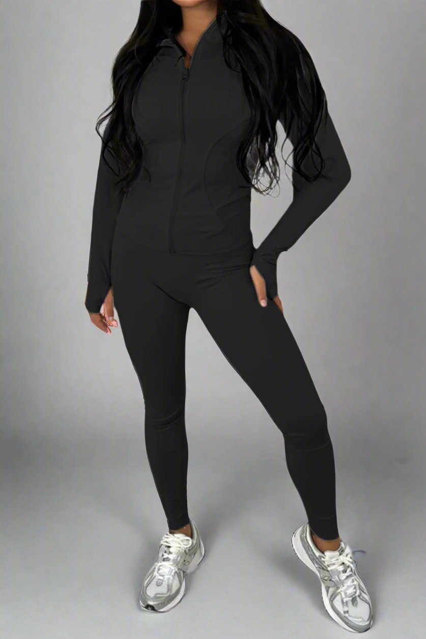 New Sports Zip Front Long Sleeves Top And Leggings Gym Set - MultiTrends Limited