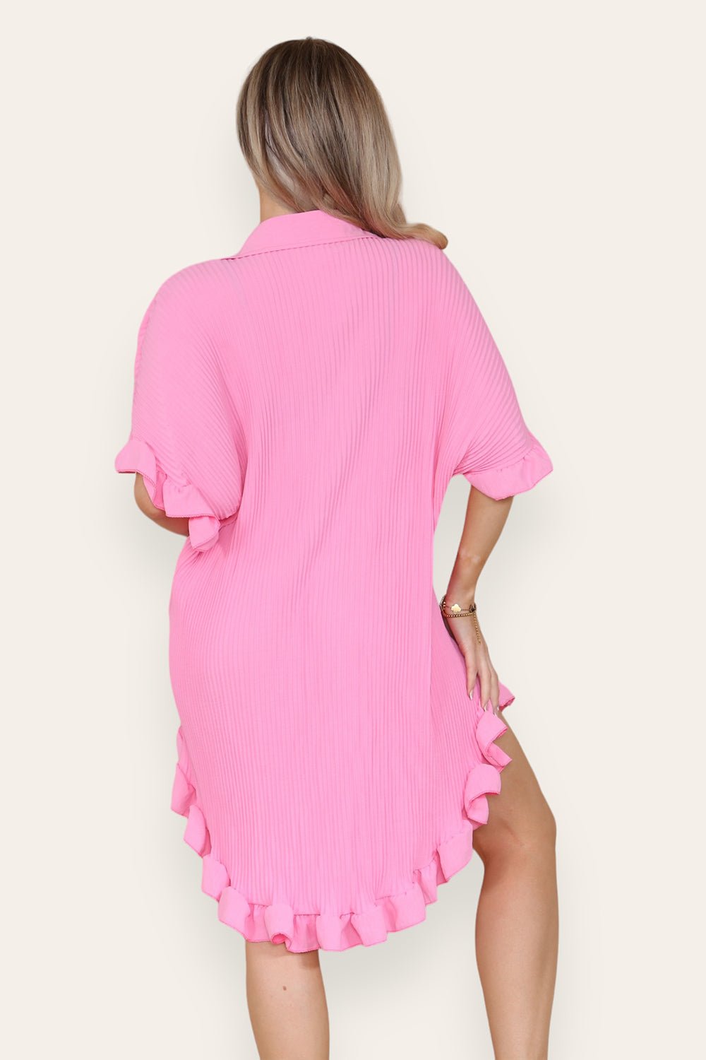 Over Sized Italian Gold Button Pleated Frill Ruffle TikTok Dress Top