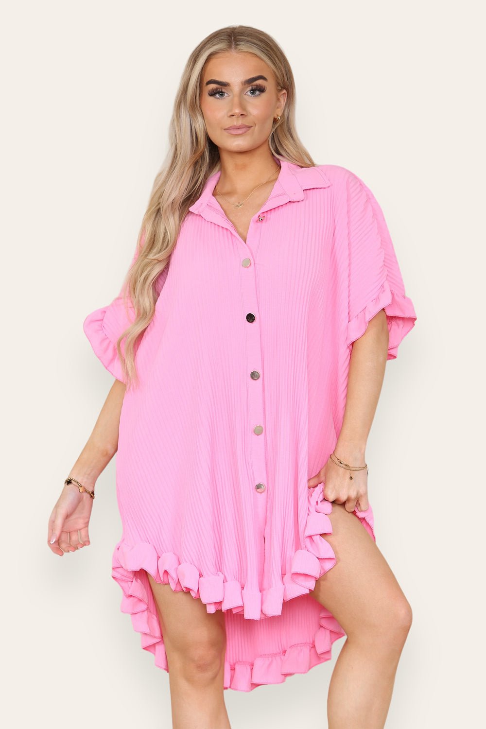 Over Sized Italian Gold Button Pleated Frill Ruffle TikTok Dress Top