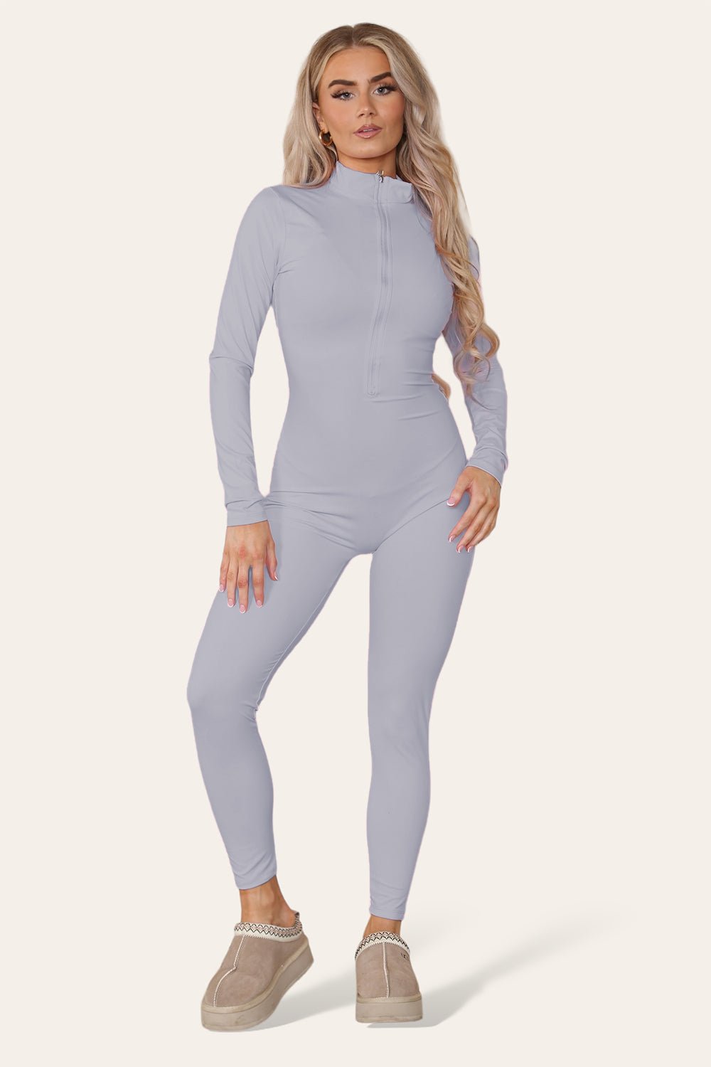Ribbed High Neck Zipper Collar Jumpsuit Front Unitard Set - Multi Trends