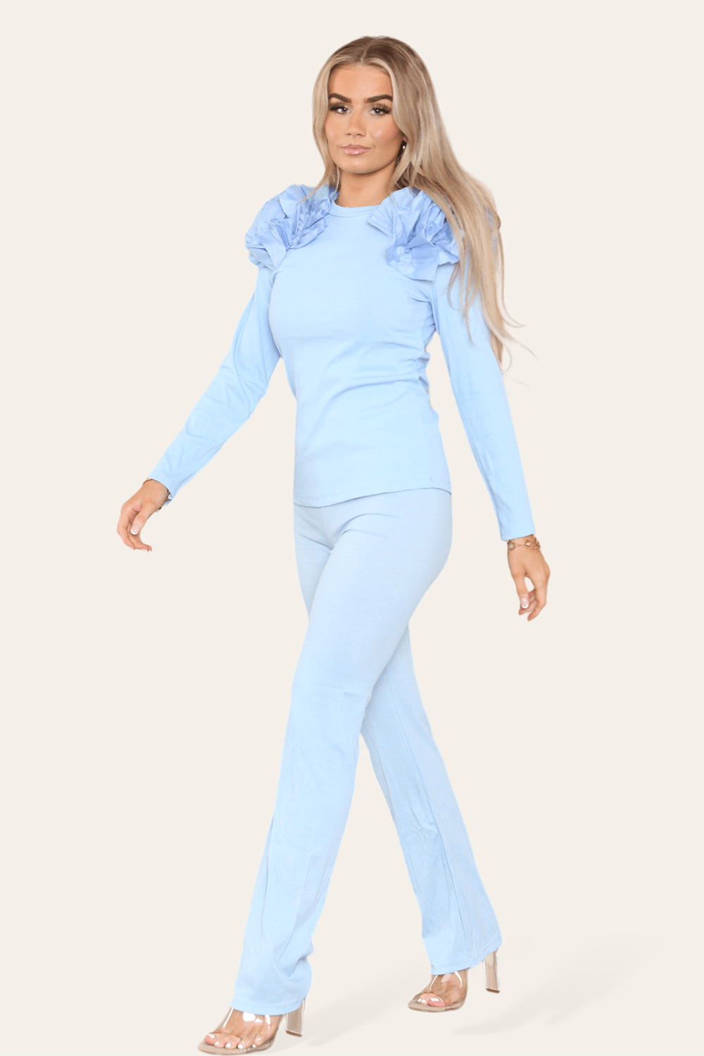 Ruffle Frill Shoulder Ribbed Loungewear CoOrd Top & Trouser Set - Multi Trends