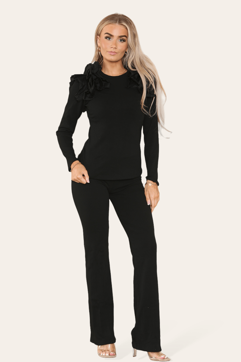 Ruffle Frill Shoulder Ribbed Loungewear CoOrd Top & Trouser Set - Multi Trends