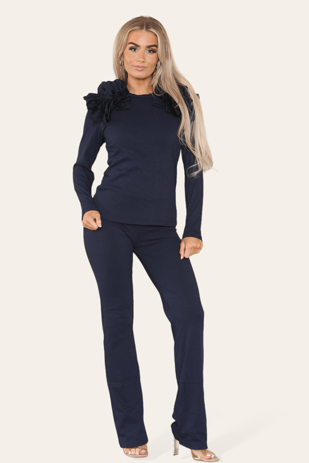 Ruffle Frill Shoulder Ribbed Loungewear CoOrd Top & Trouser Set - Multi Trends