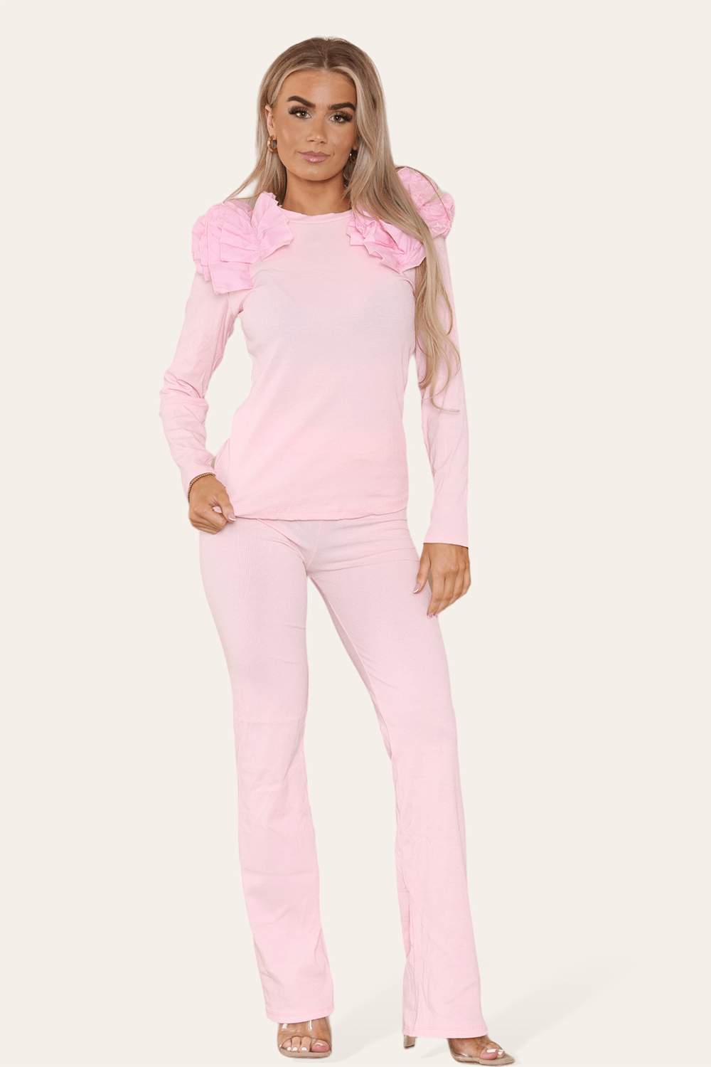 Ruffle Frill Shoulder Ribbed Loungewear CoOrd Top & Trouser Set - Multi Trends