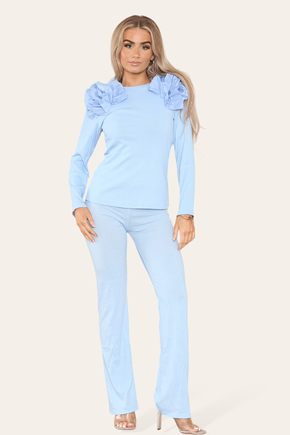 Ruffle Frill Shoulder Ribbed Loungewear CoOrd Top & Trouser Set - Multi Trends