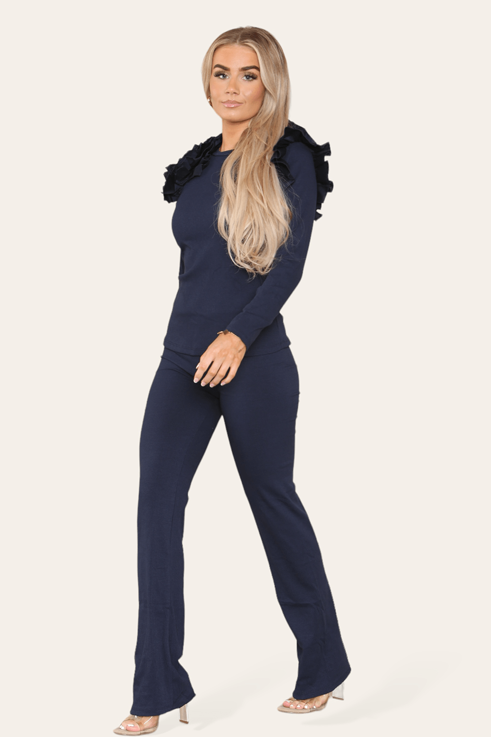 Ruffle Frill Shoulder Ribbed Loungewear CoOrd Top & Trouser Set - Multi Trends