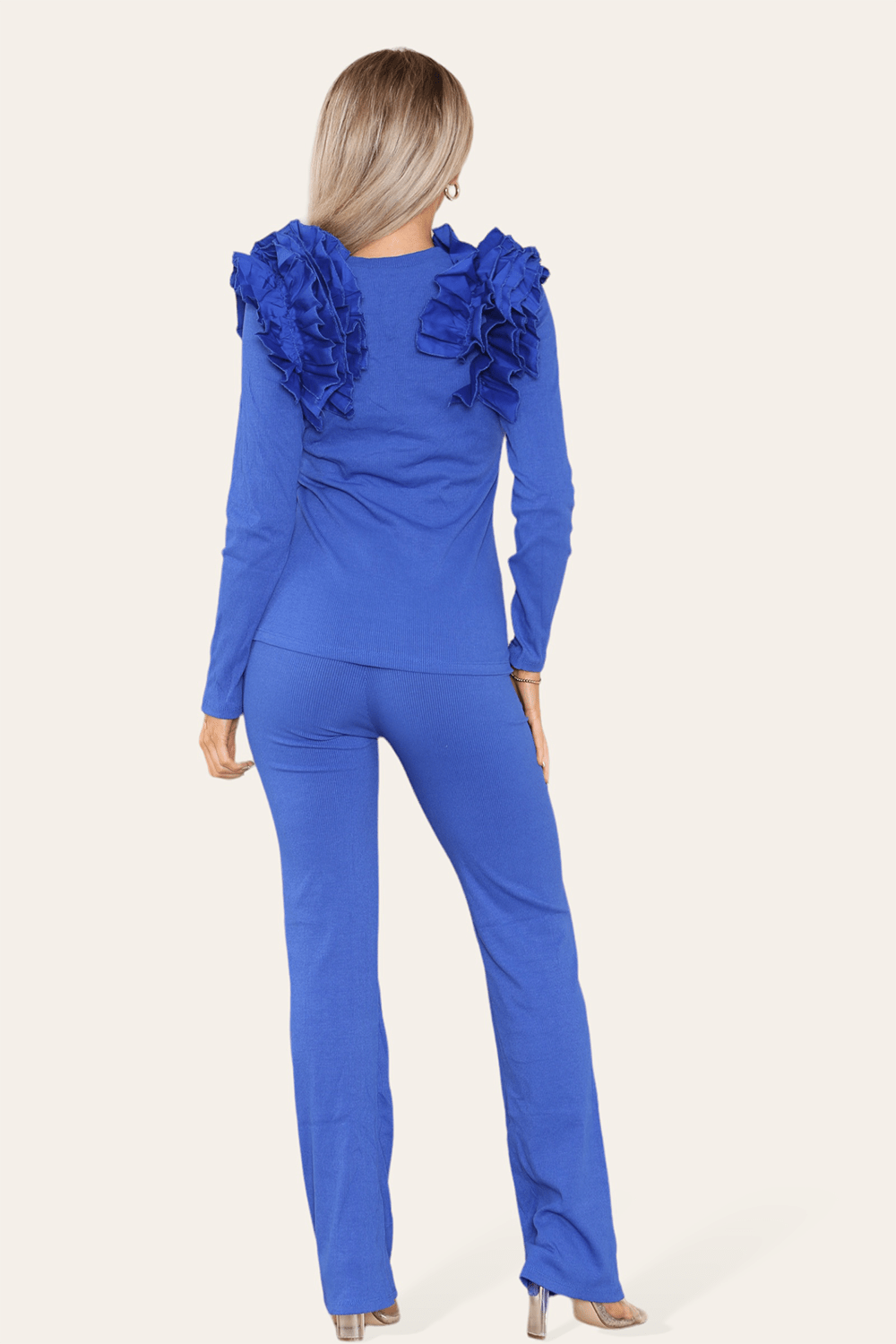 Ruffle Frill Shoulder Ribbed Loungewear CoOrd Top & Trouser Set - Multi Trends