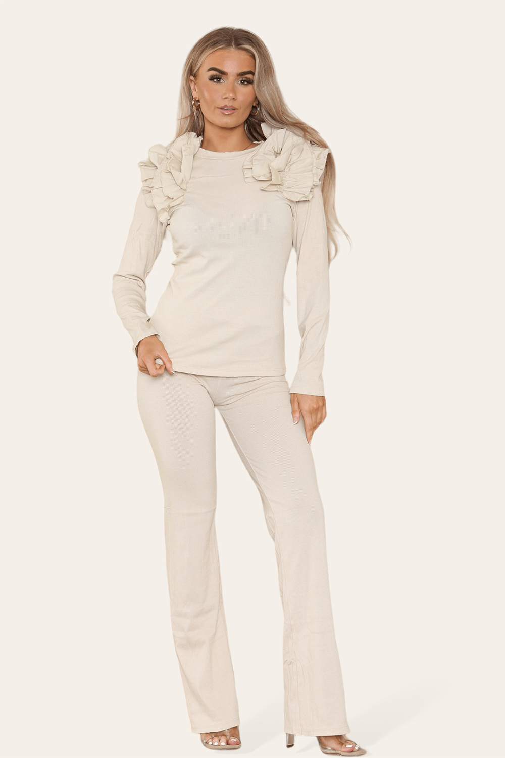 Ruffle Frill Shoulder Ribbed Loungewear CoOrd Top & Trouser Set - Multi Trends