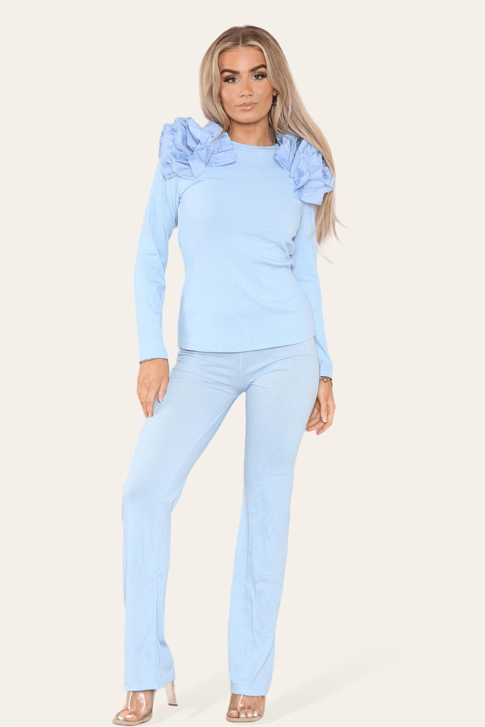 Ruffle Frill Shoulder Ribbed Loungewear CoOrd Top & Trouser Set - Multi Trends