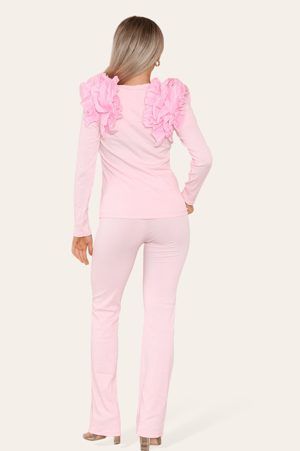 Ruffle Frill Shoulder Ribbed Loungewear CoOrd Top & Trouser Set - Multi Trends