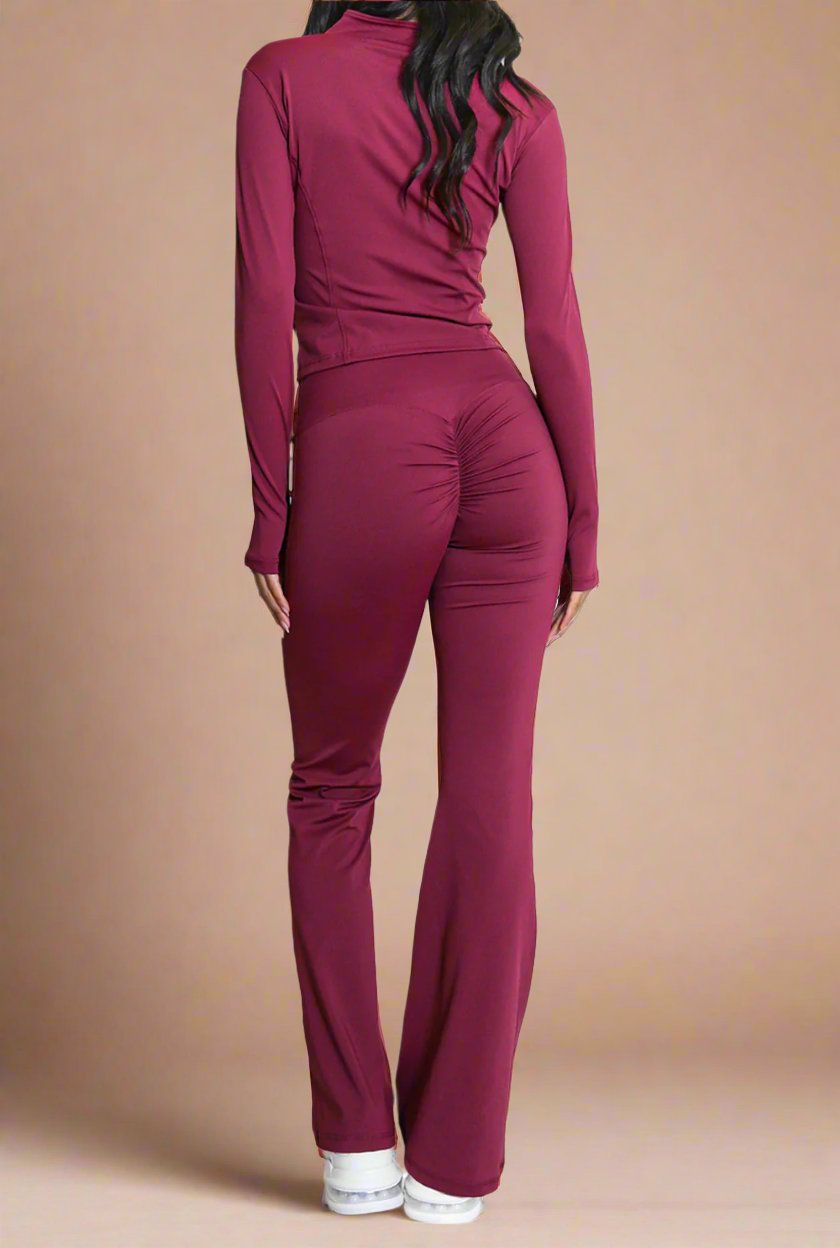 Super Active Zip Top and Push Up Flared Trousers Ruched Bum Gym Set - MultiTrends Limited