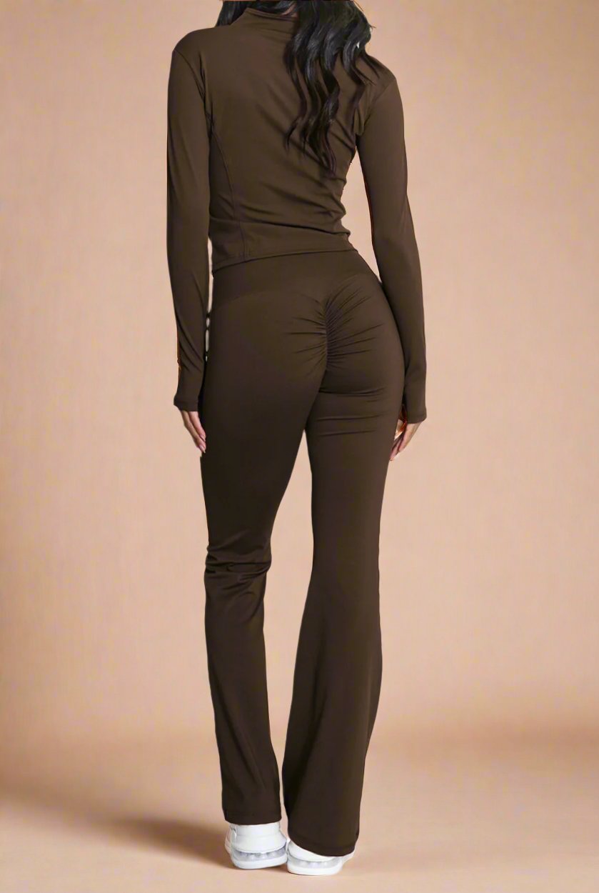 Super Active Zip Top and Push Up Flared Trousers Ruched Bum Gym Set - MultiTrends Limited