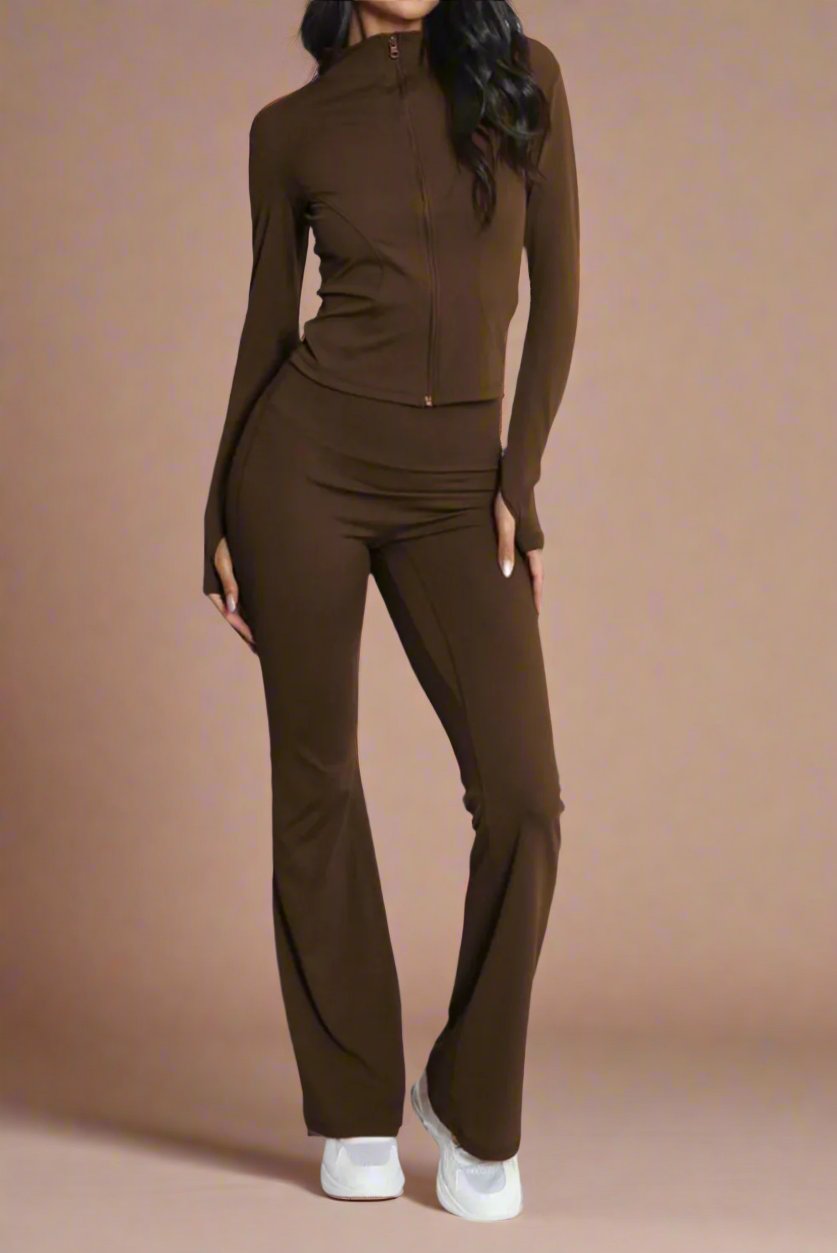 Super Active Zip Top and Push Up Flared Trousers Ruched Bum Gym Set - MultiTrends Limited