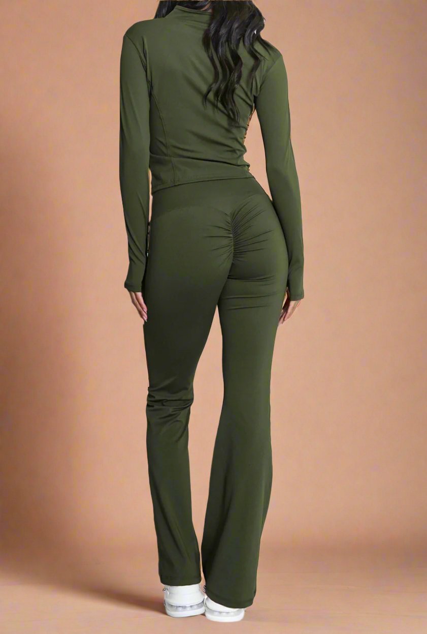Super Active Zip Top and Push Up Flared Trousers Ruched Bum Gym Set - MultiTrends Limited