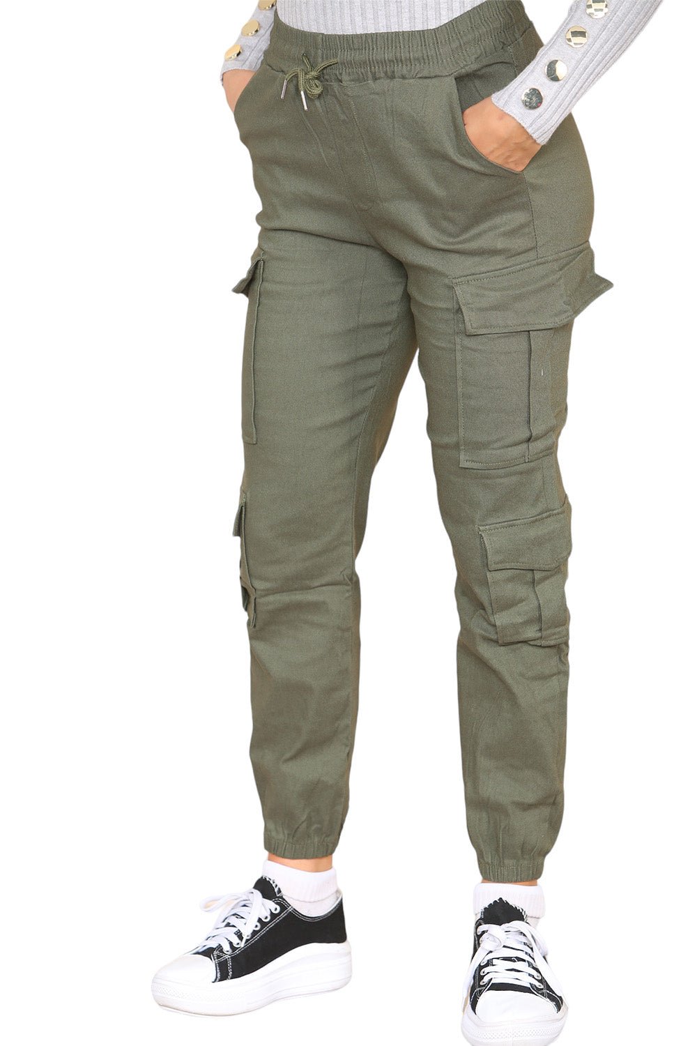Cargo Pockets Pants Women High Waist Cropped Slim Fit Trouser - Multi Trends