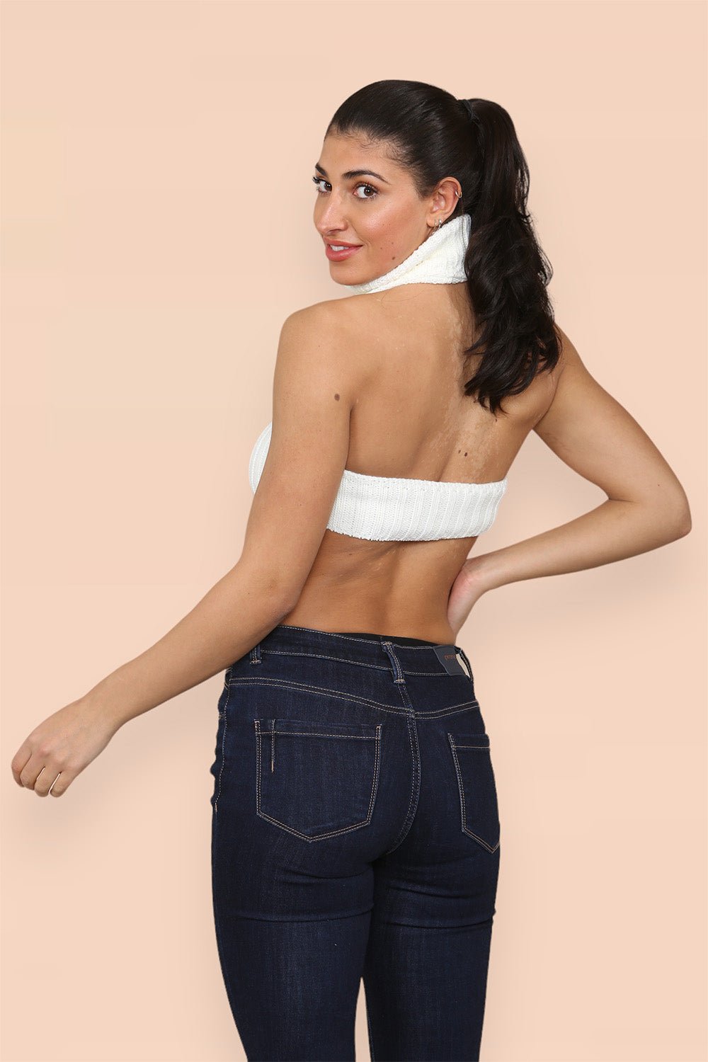 High Neck Roll Knitted Backless Front Cropped Top - Multi Trends