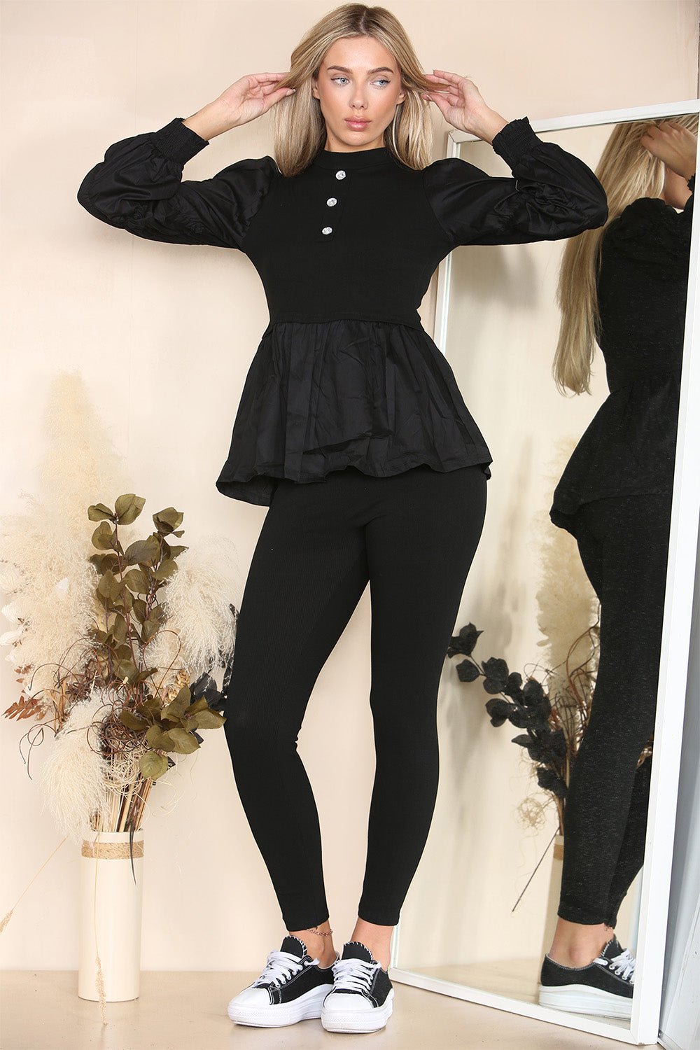 Long Ruched Sleeves Ribbed Peplum Diamond Buttons Frilled Hem Lounge Wear Co-Ord Set - Multi Trends