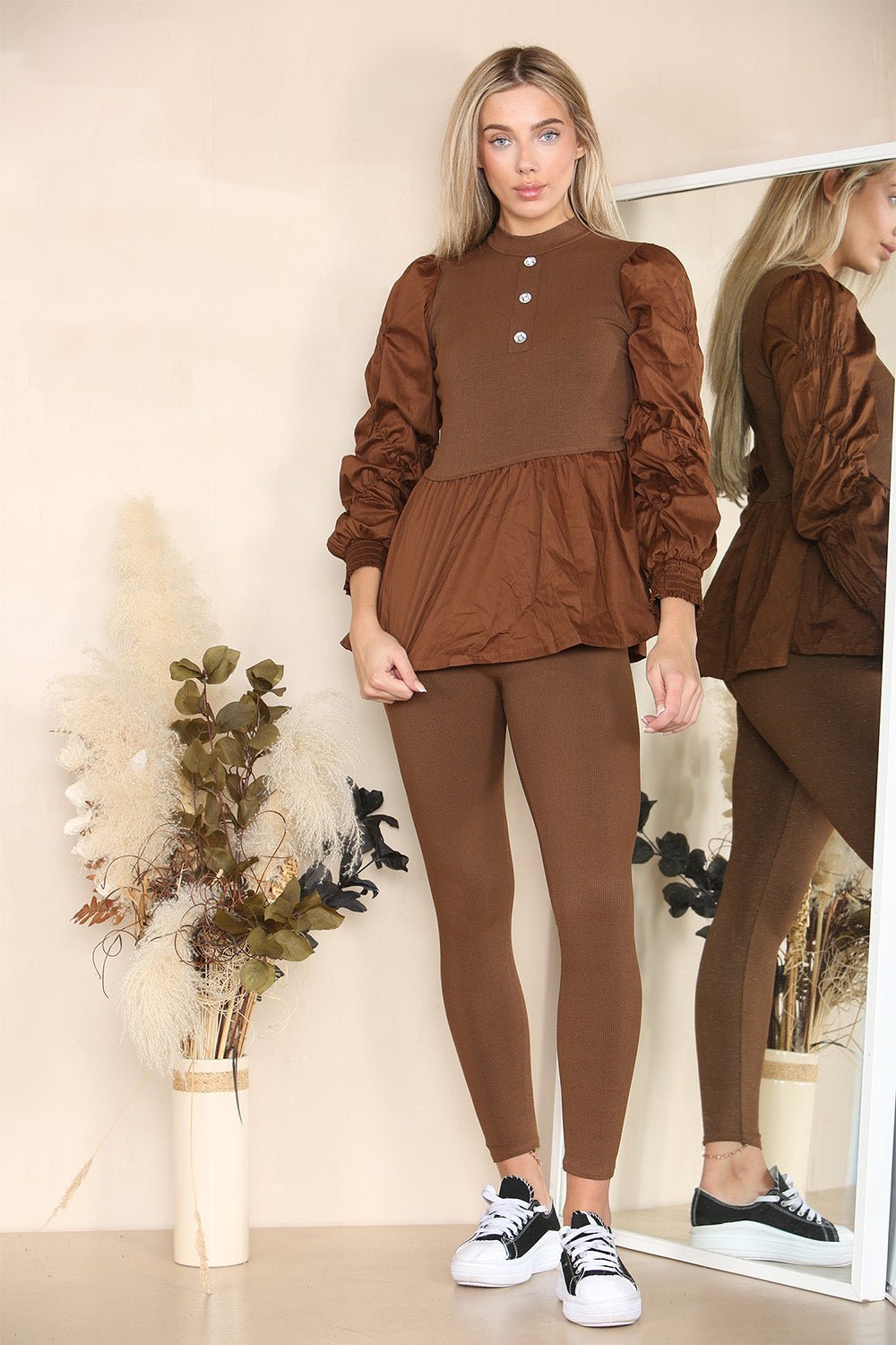Long Ruched Sleeves Ribbed Peplum Diamond Buttons Frilled Hem Lounge Wear Co-Ord Set - Multi Trends