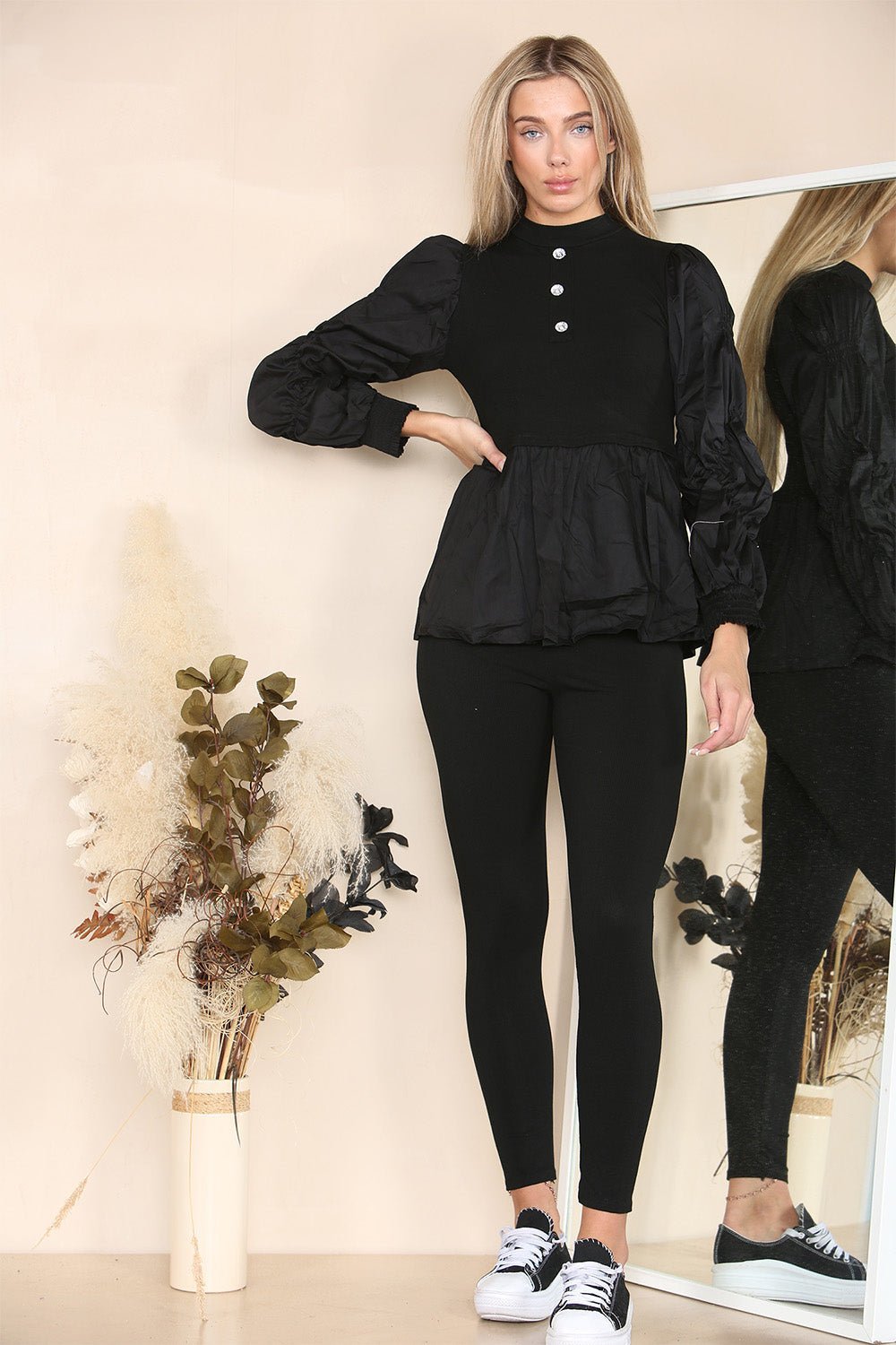 Long Ruched Sleeves Ribbed Peplum Diamond Buttons Frilled Hem Lounge Wear Co-Ord Set - Multi Trends