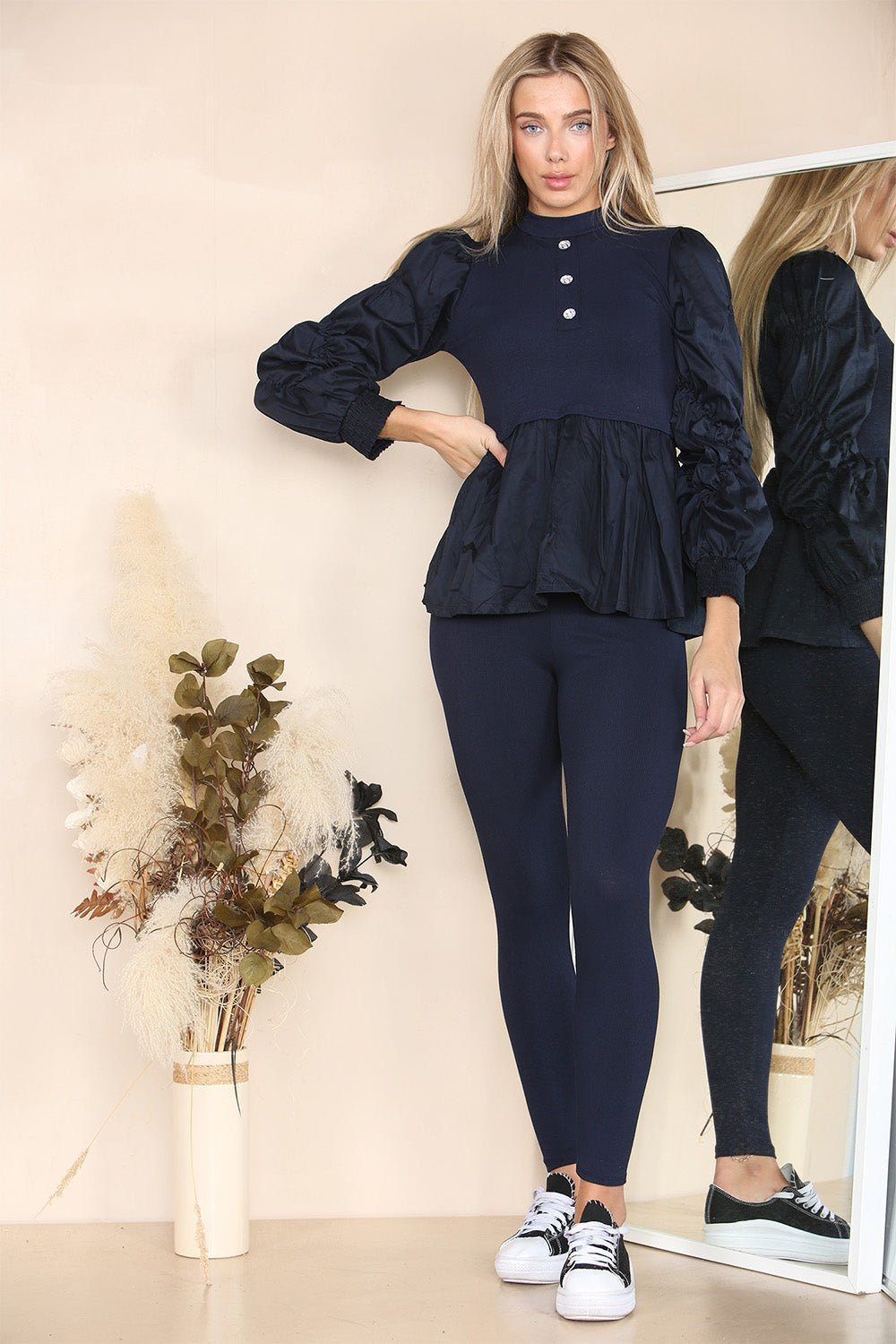 Long Ruched Sleeves Ribbed Peplum Diamond Buttons Frilled Hem Lounge Wear Co-Ord Set - Multi Trends