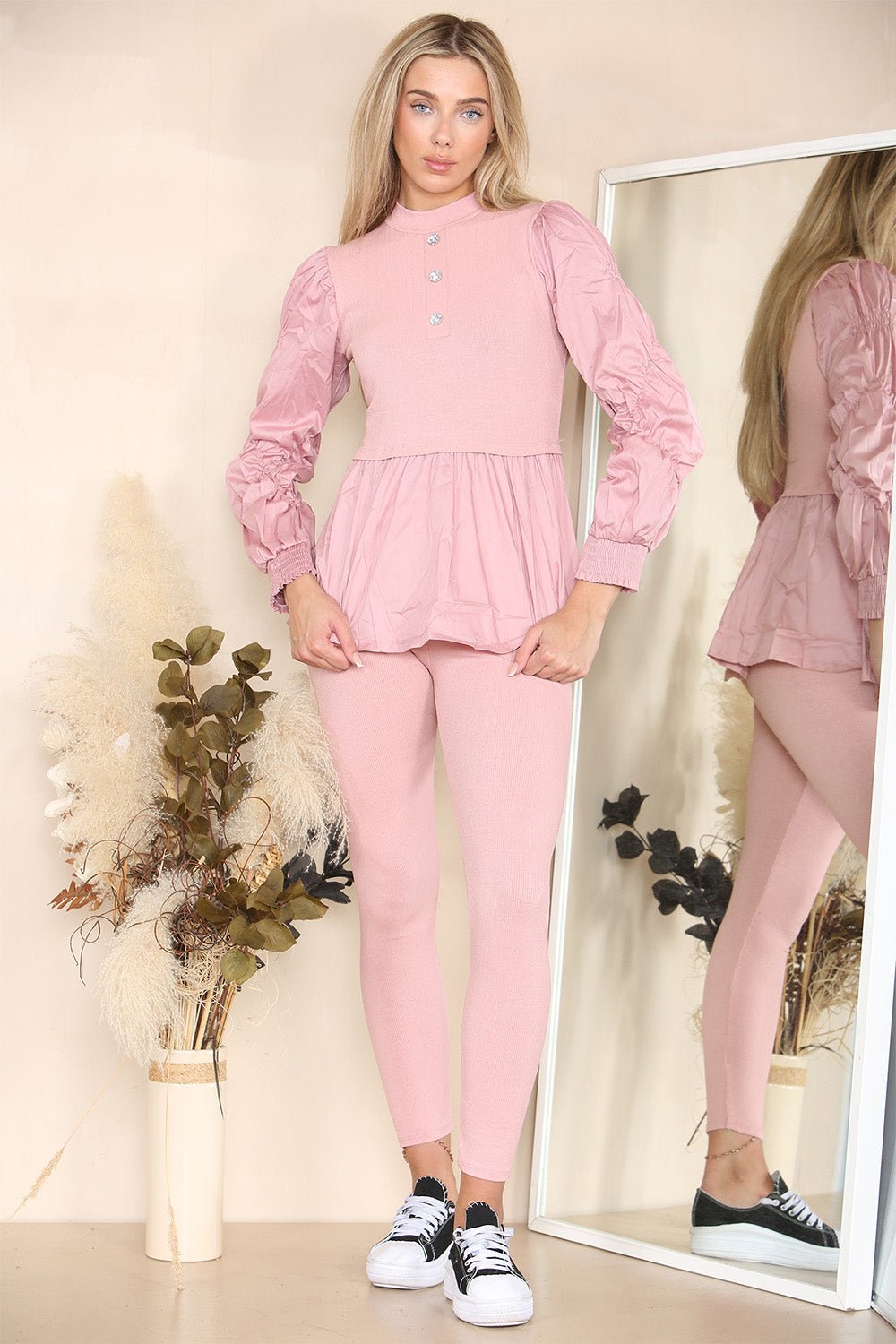 Long Ruched Sleeves Ribbed Peplum Diamond Buttons Frilled Hem Lounge Wear Co-Ord Set - Multi Trends