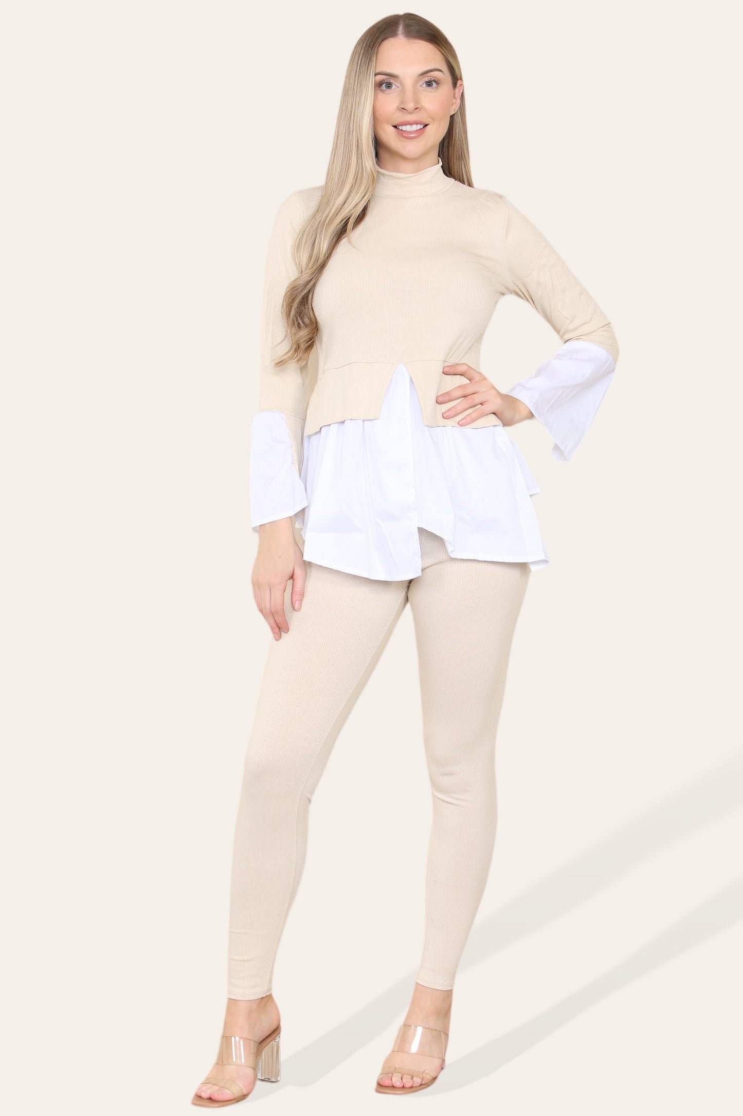 Ribbed Lounge Wear Flared Shirt and Leggings Co-Ord Set - Multi Trends