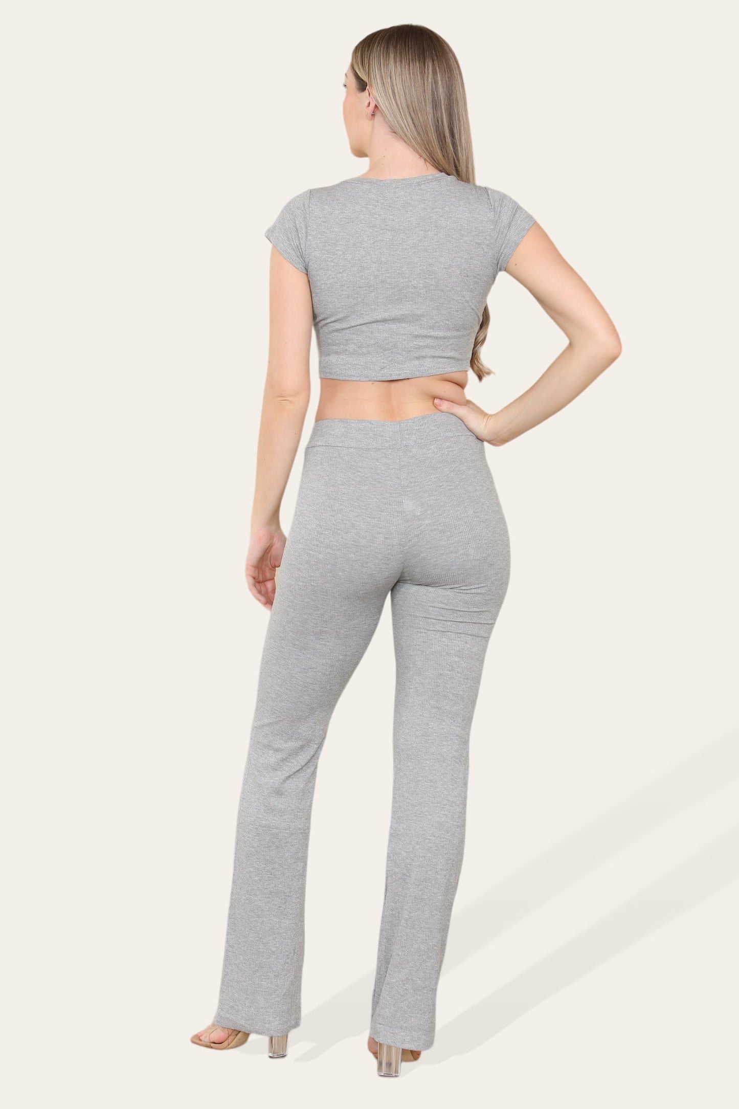Tie Belt Front Cropped Loungewear Ribbed Trousers Set - Multi Trends
