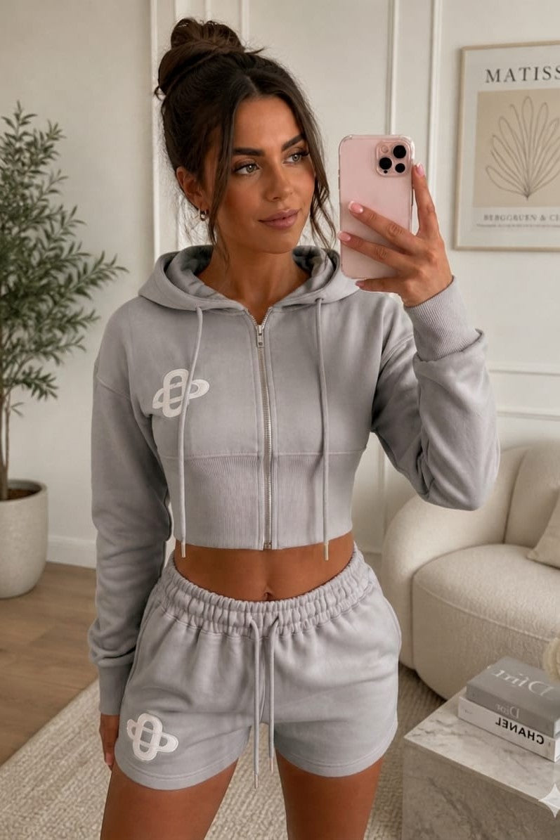 Embroidery Crop Zip Short Set