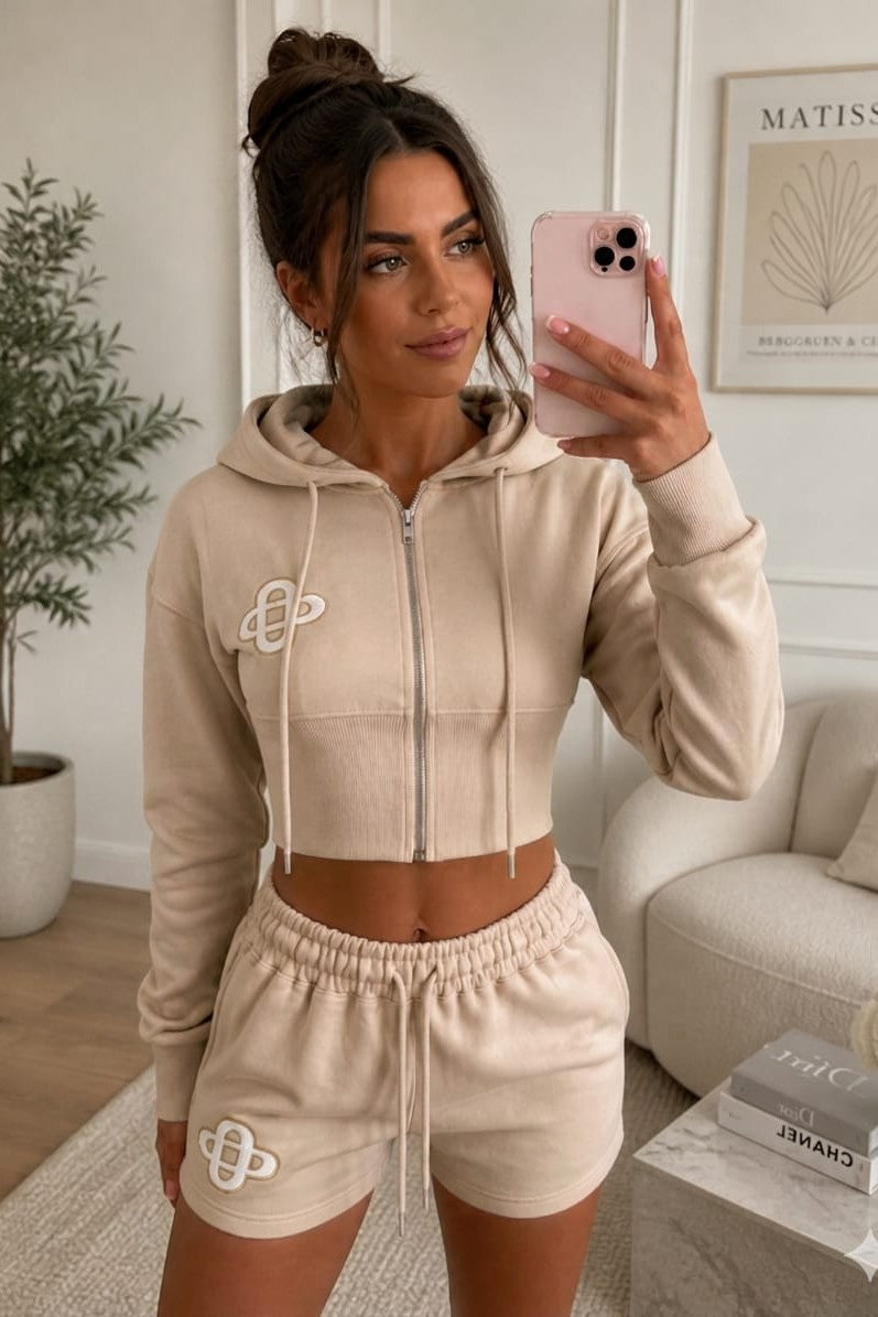 Embroidery Crop Zip Short Set
