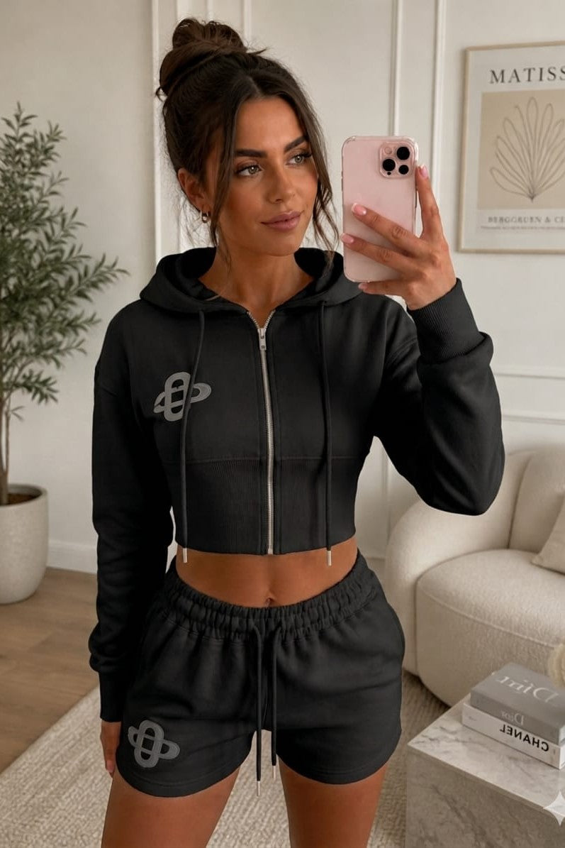 Embroidery Crop Zip Short Set