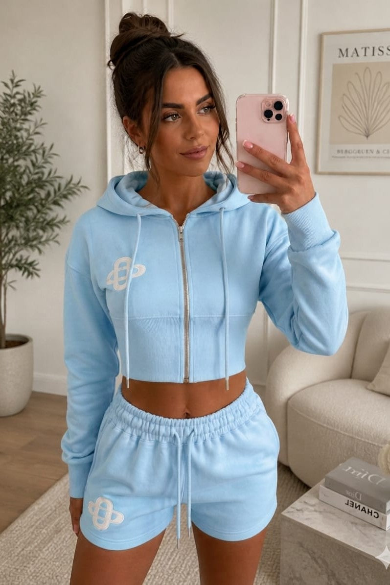 Embroidery Crop Zip Short Set