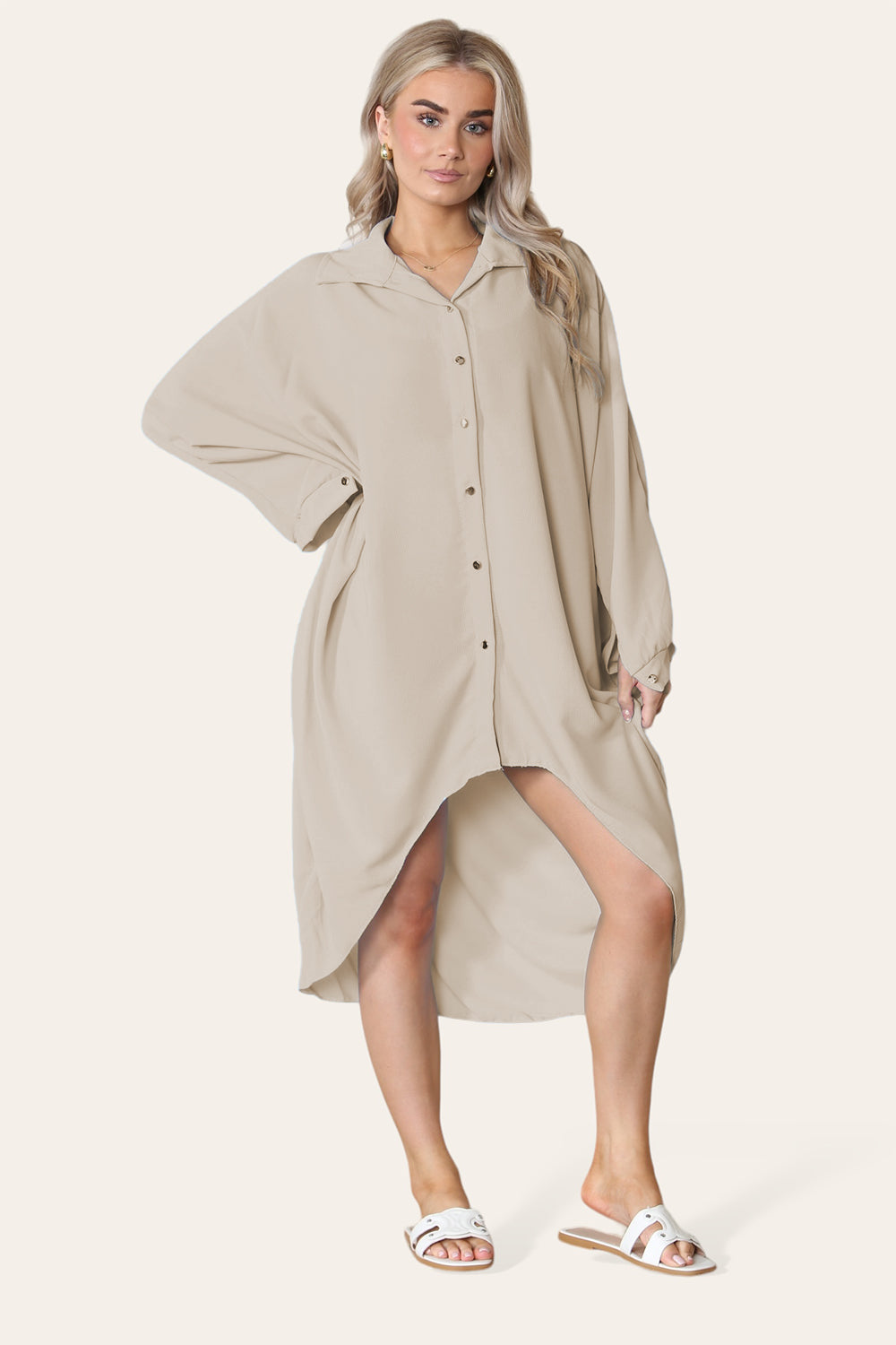 High-Low Oversized Button Long Top Shirt Dress with Hem and Long Sleeves