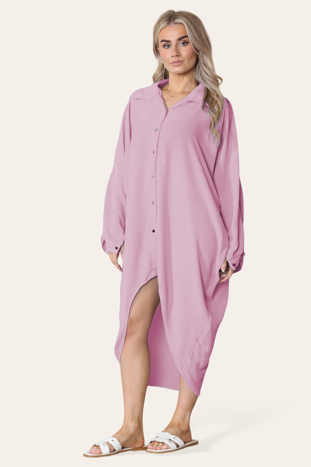 High-Low Oversized Button Long Top Shirt Dress with Hem and Long Sleeves