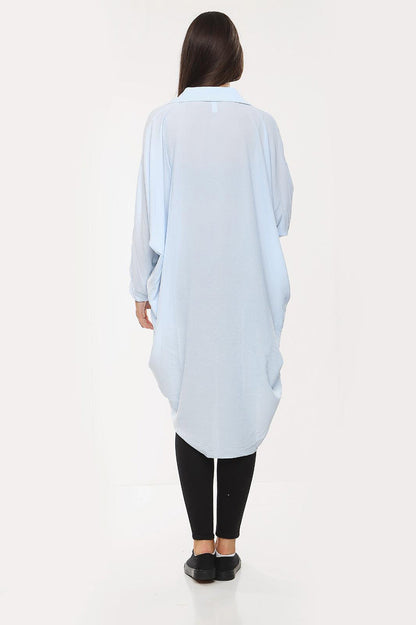 High-Low Oversized Button Long Top Shirt Dress with Hem and Long Sleeves