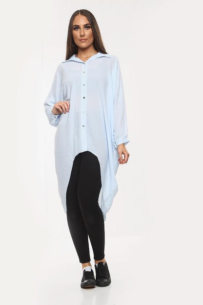 High-Low Oversized Button Long Top Shirt Dress with Hem and Long Sleeves
