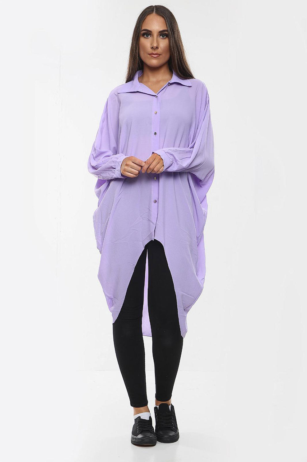 High-Low Oversized Button Long Top Shirt Dress with Hem and Long Sleeves